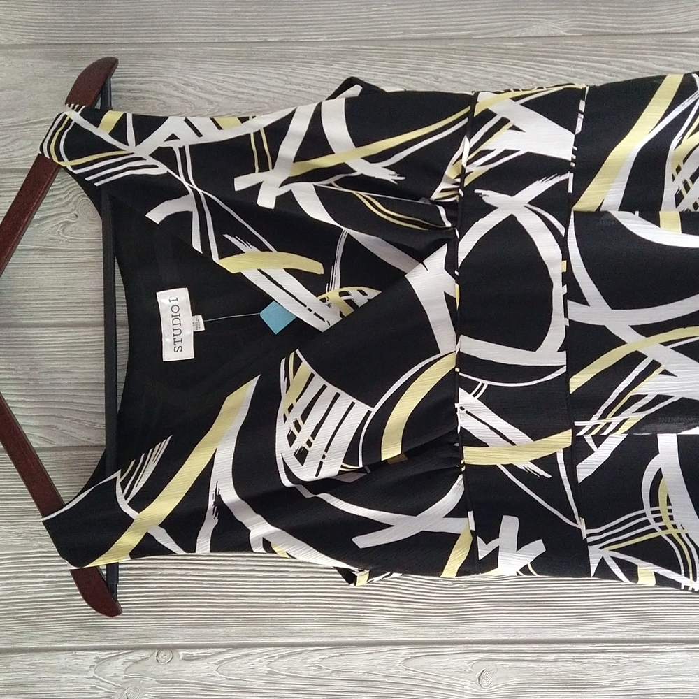 Dress, Size 10, Black, White and Pale Yellow. Abstract print.